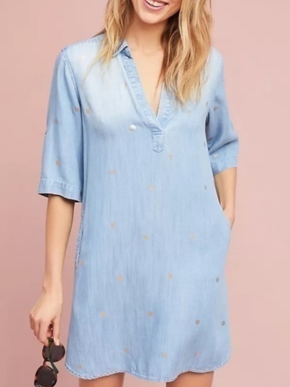 Anthropologie cloth & stone Light Blue Denim dress with Gold Dot Accents